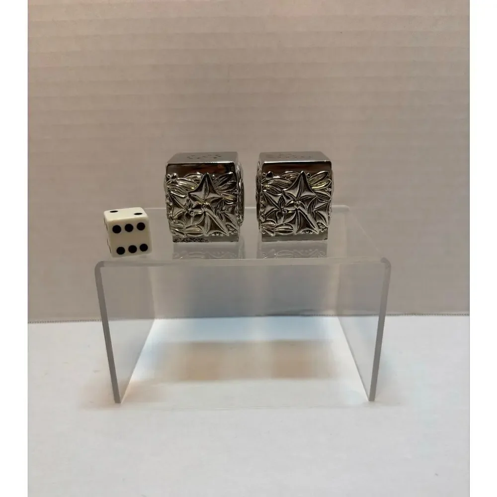 Vintage silver plated cube salt and pepper shakers with holder embossed 3pc set